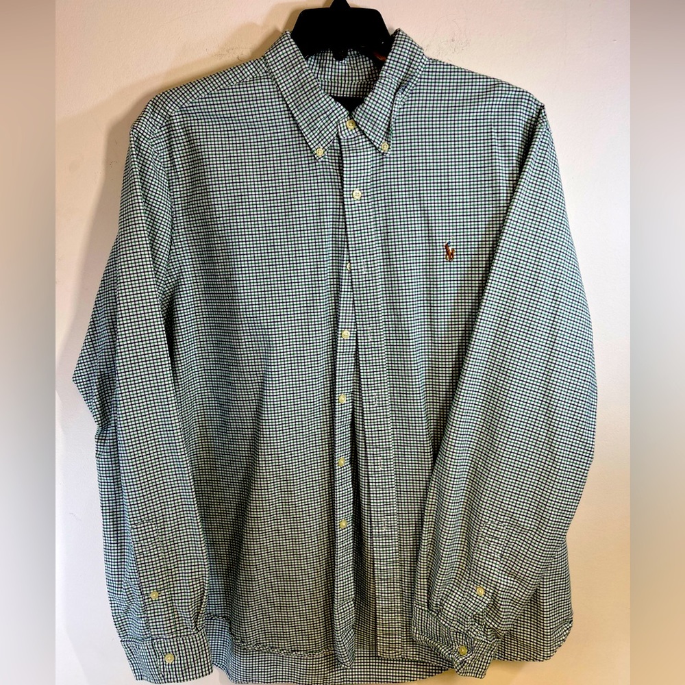Ralph Lauren Shirt Mens 2XL Flesh Pony Long Sleeve Button Up Green Purple Plaid